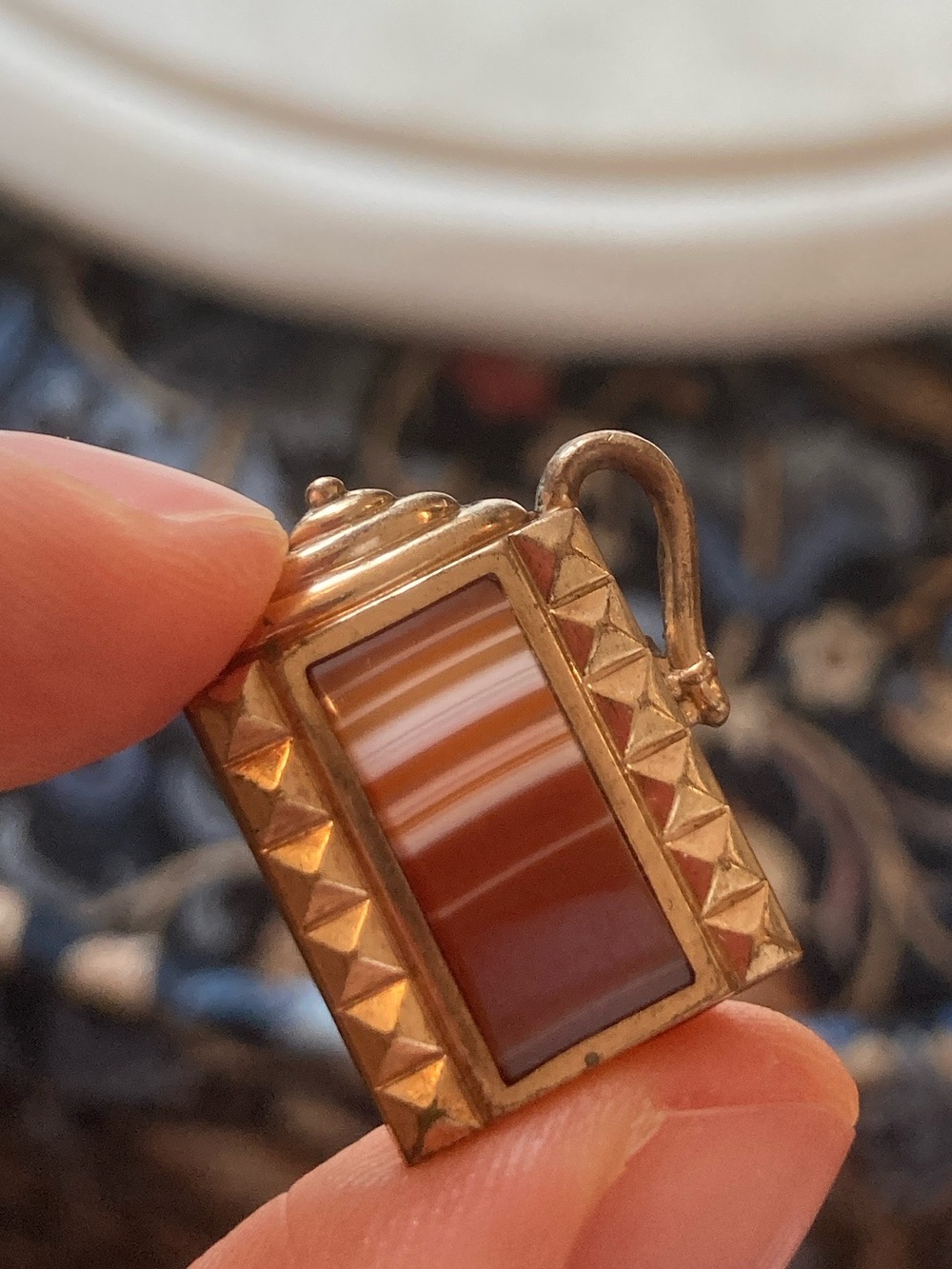 Antique Victorian Double-Sided Banded Agate Gold-Filled Dangling Charm